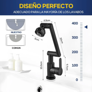 Grifo Para Baño Monomando Lavabo Hogar Cocina 2 Modos Negro con 360° Rotación y Control de Temperatura para Lavamanos VRECASE