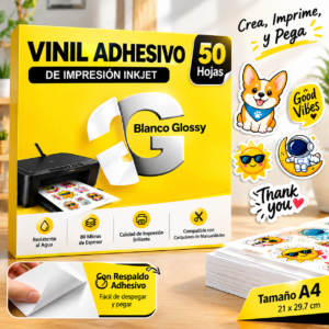 Vinil Adhesivo Imprimible Blanco Brillante A4 50 Hojas para Impresoras Inkjet y Cricut Impermeable con Adhesivo Removible Fácil de Despegar