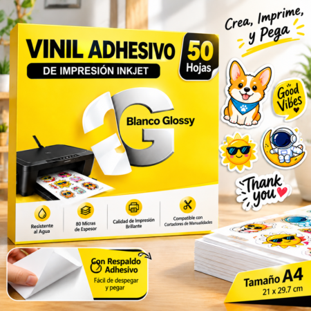 重制图首图1 Vinil Adhesivo Imprimible Blanco Brillante A4 50 Hojas para Impresoras Inkjet y Cricut Impermeable con Adhesivo Removible Fácil de Despegar